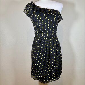 Allen B. By Allen Schwartz Black Dress with Yellow Polka Dots One Shoulder Sz 4